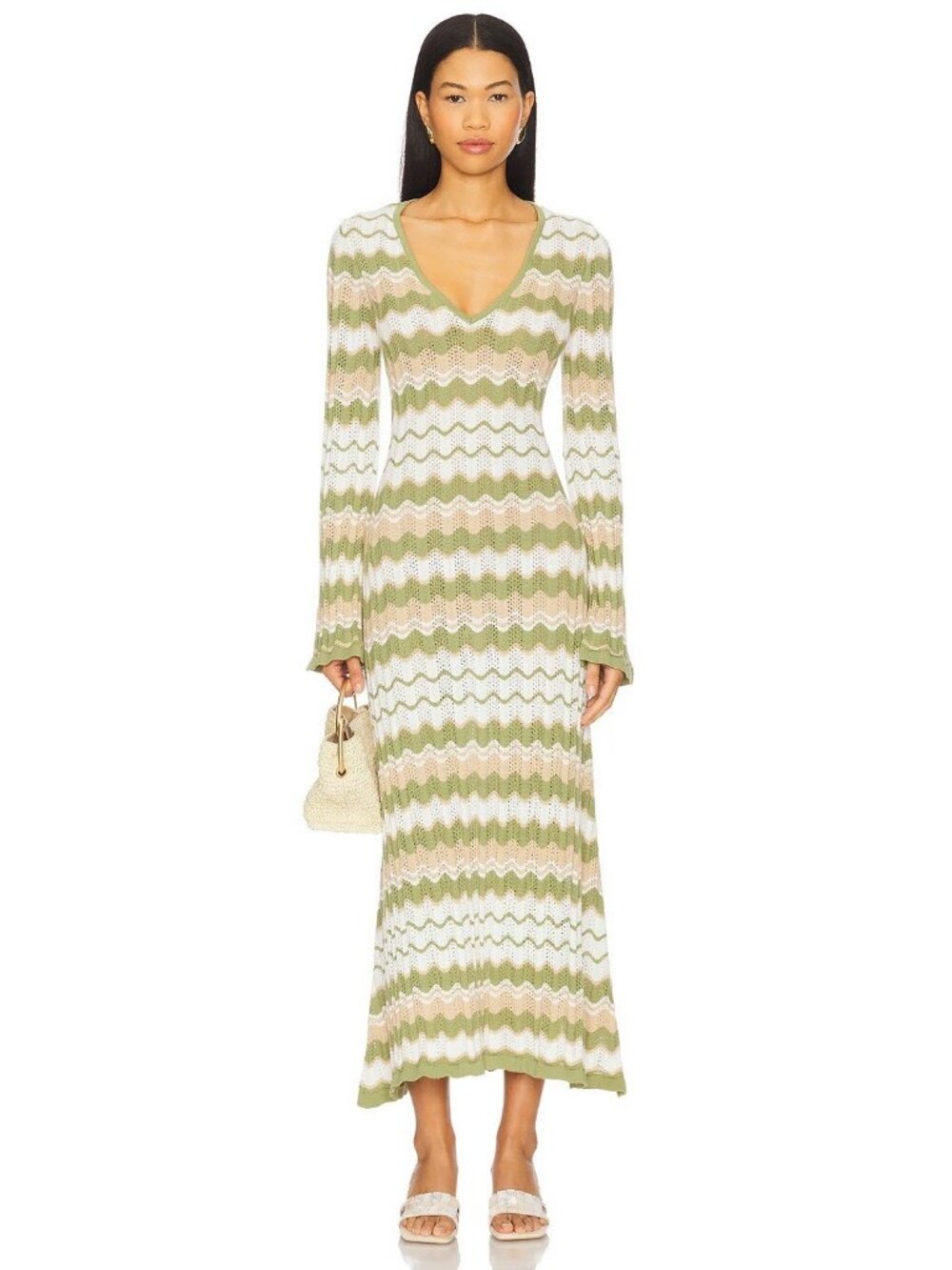 MINKPINK Melody Knit Midi Dress Xs Long Sleeve Pattern Green White(from REVOLVE)